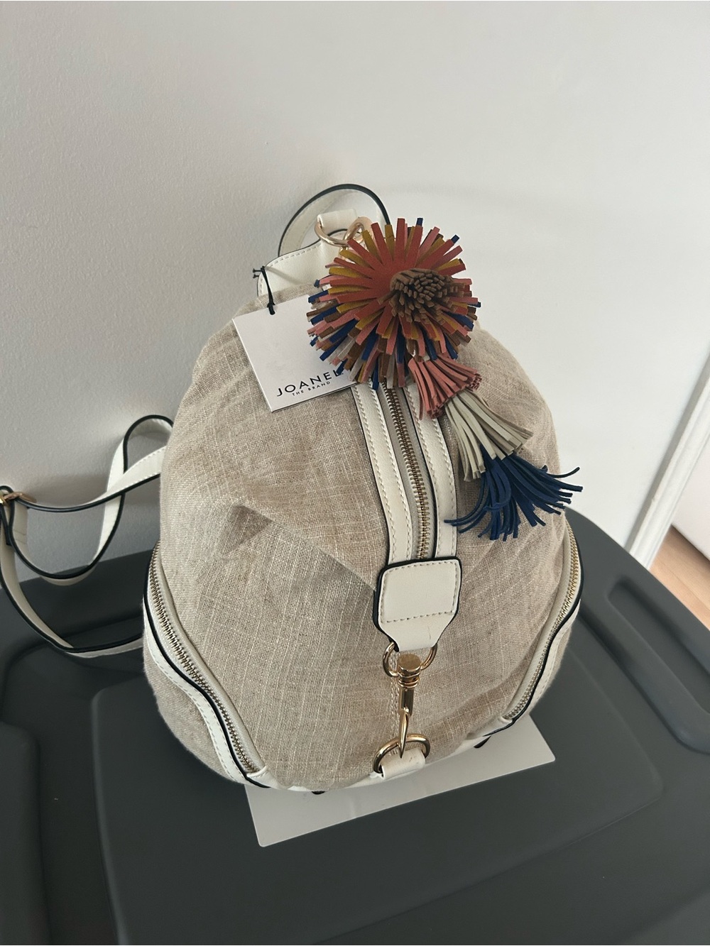 Joanel Beige Linen Mini Backpack with Multicolor Tassel